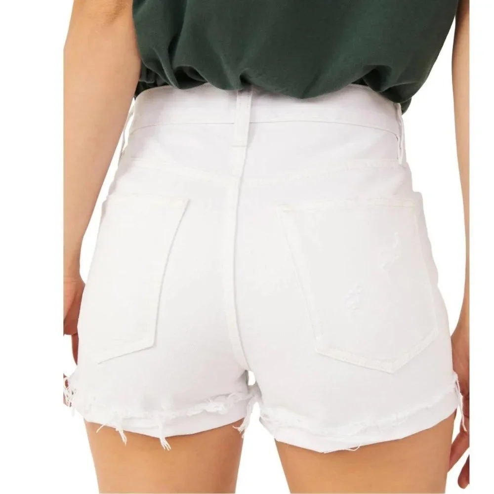 Free people lasso optic white denim jean distressed cuff raw hem shorts 31‎ NWT